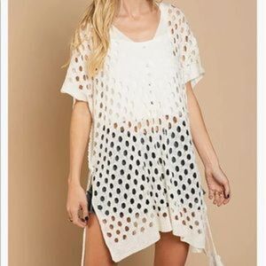 New V Neck Long Sleeve Crochet Swimsuit Cover Up Dress
